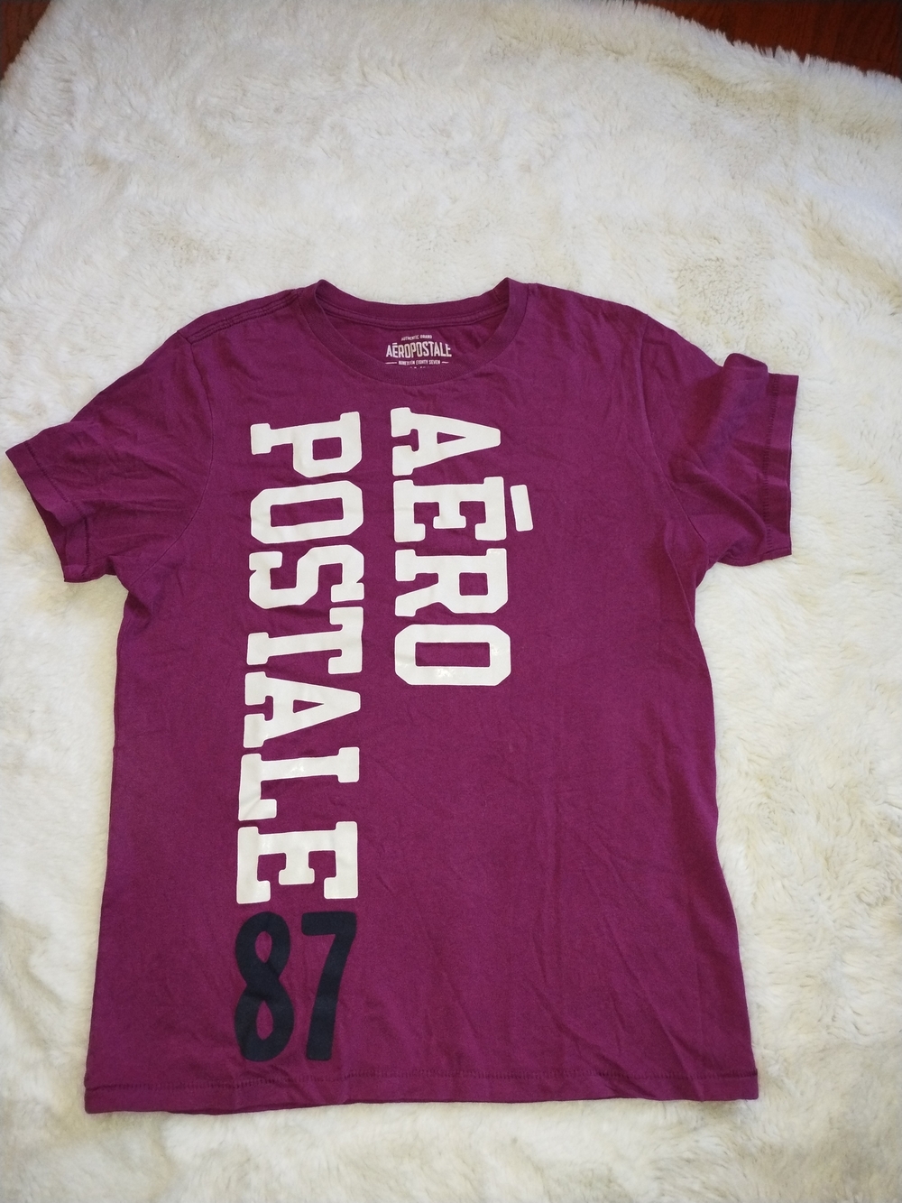 Aeropostale Men's Vertical Logo Tee - Plum with White and Black Print